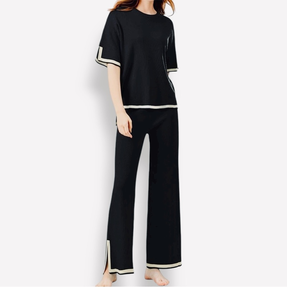 Silk Thin Sweater Black Lounge Set w White Trim
